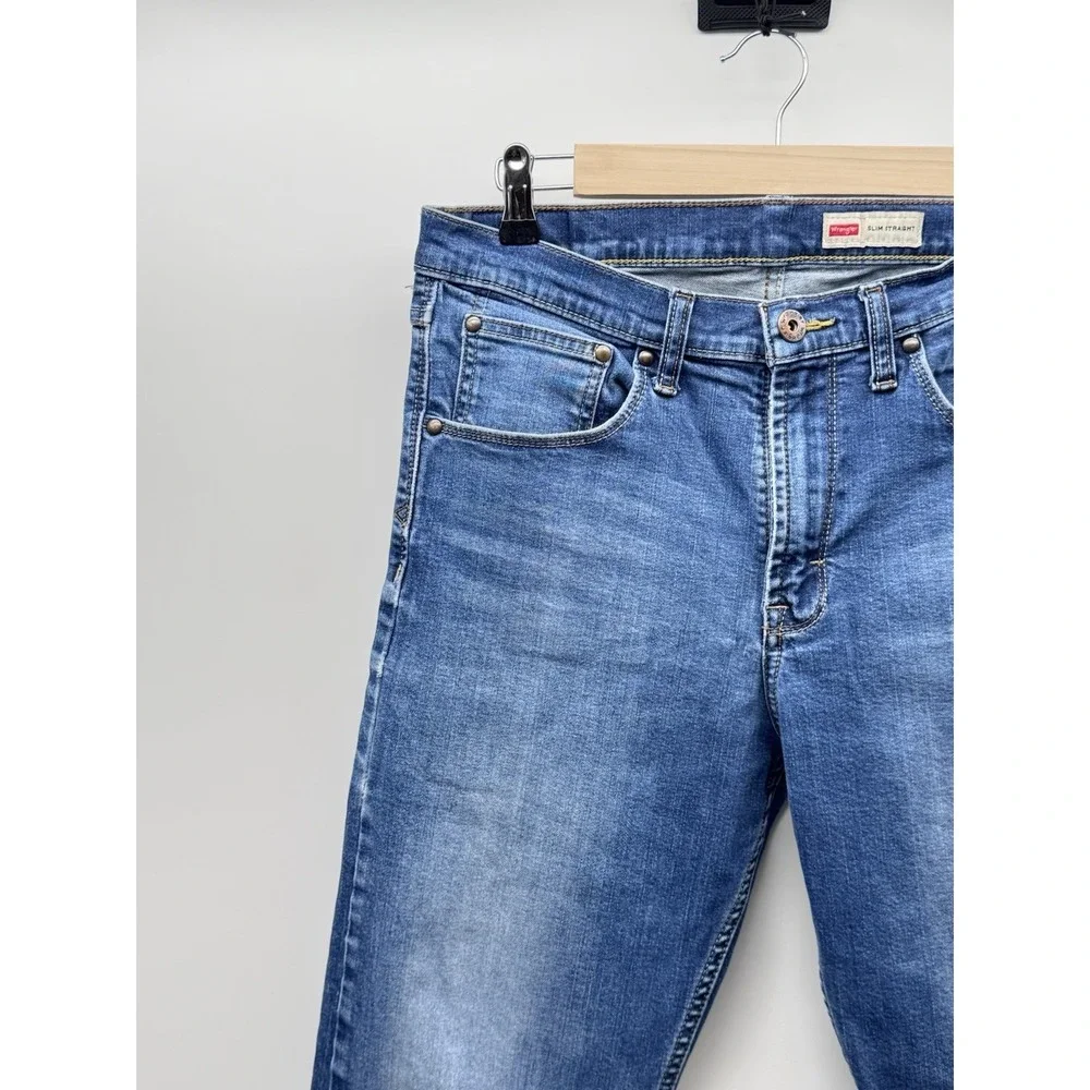 Wrangler Slim Straight Jeans Mens 33x32 Distressed Blue Stretch Denim